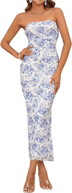 Milumia Women's Summer Disty Floral Bodycon Maxi Dress Strapless Tube Top Long Dresses Wedding Guest Party