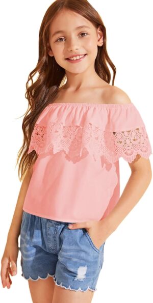 WDIRARA Girl's Off The Shoulder Ruffle Trim Lace Short Sleeve Blouse Top