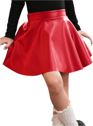 WDIRARA Toddler Girl's PU Leather Flared Mini Skirt High Waisted Skater A Line Skirt