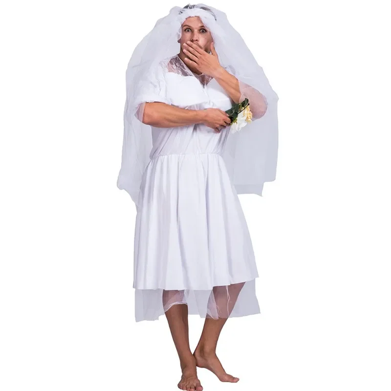 Funny Male Bride Cosplay Costume Men Cross-Dressing Wedding Dress with Veil for Bar Event Halloween Carnival Parties Stage Show