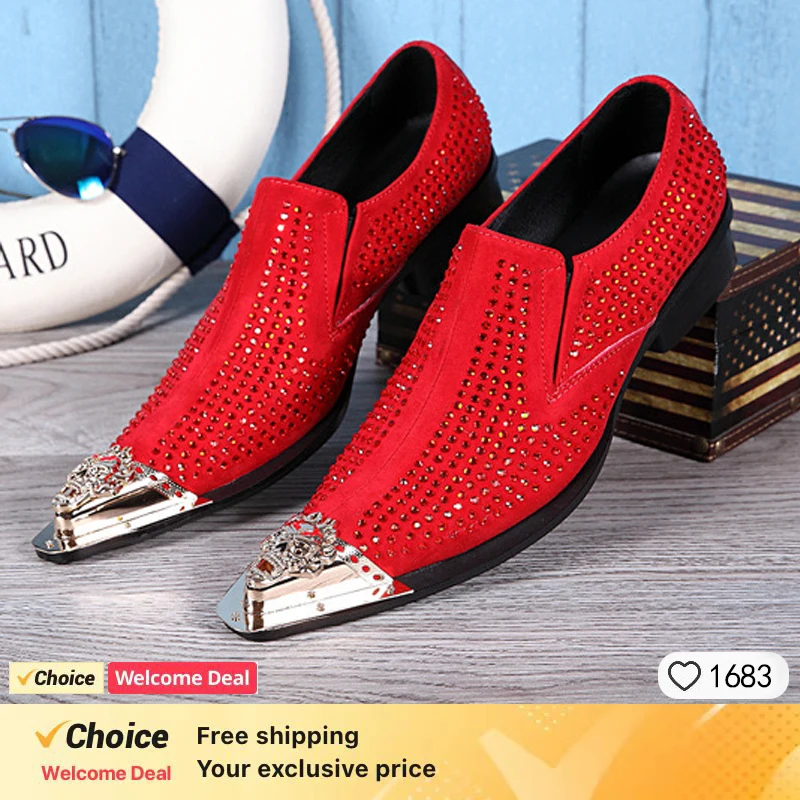 Men's Fashion Red Sequin Pointed Toe Dress Shoes Wedding Party Stage Designer Formal Performance Leather Footwear for Events and