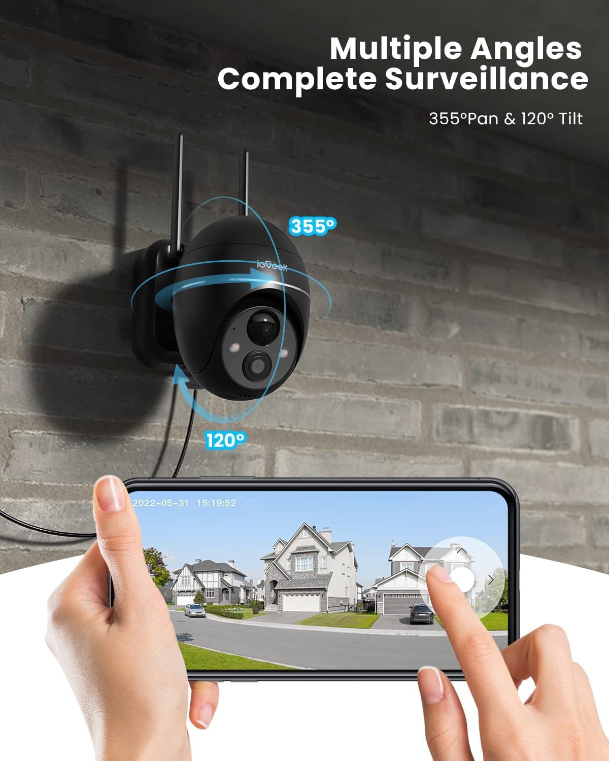 Security Cameras Wireless Outdoor, 2K Solar Security Camera System 360° PTZ with Spotlight & Siren, ieGeek 2.4Ghz Outdoor Security Cameras,Color Night Vision, Work with Alexa, PIR, 2-Way Talk, IP65 - Image 3