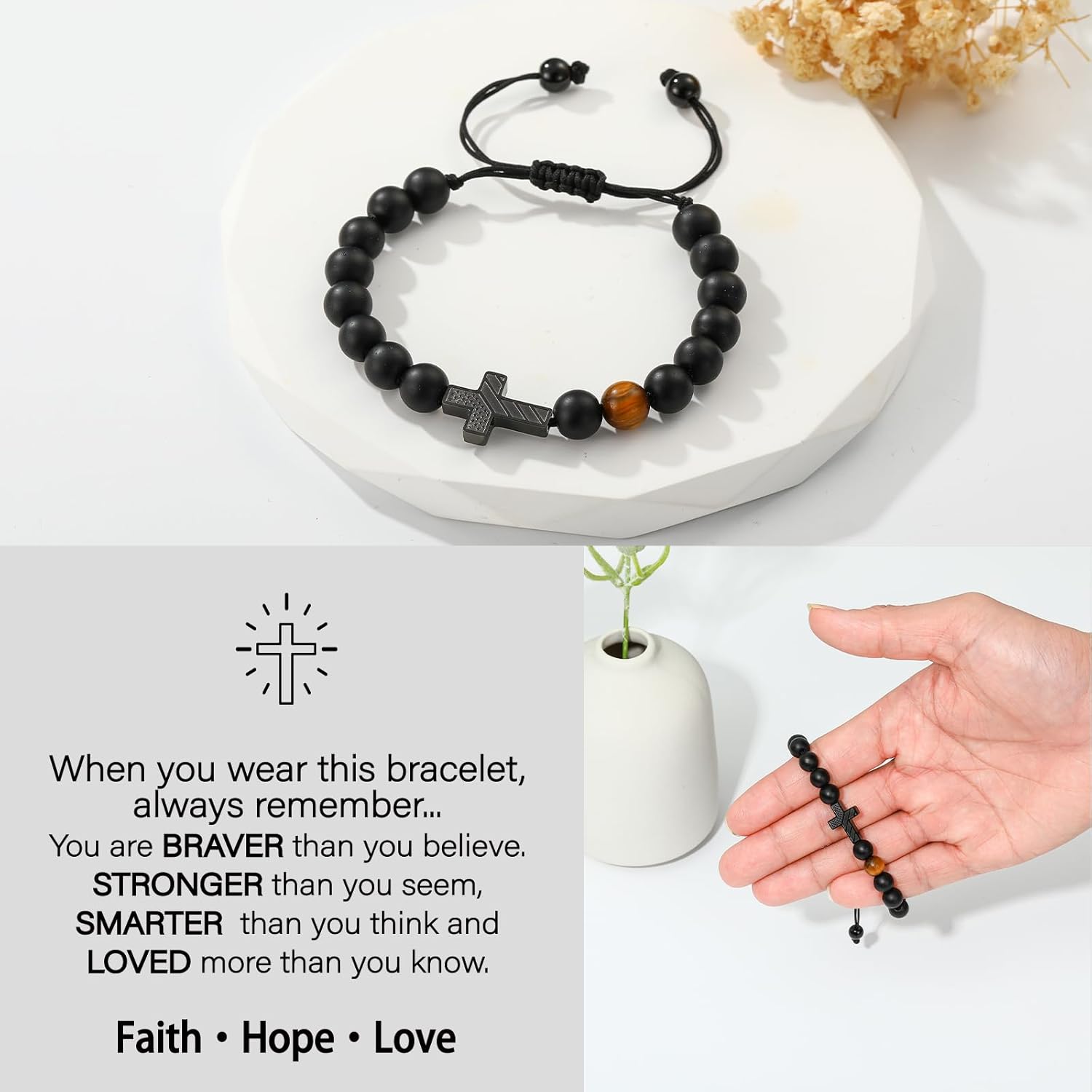 P. BLAKE Cross Bracelet Gifts for Teen Teenage Boys, American Flag Cross Beads Bracelet Christian Religious Christmas Easter Baptism Jewelry Gifts for Son Grandson - Image 5