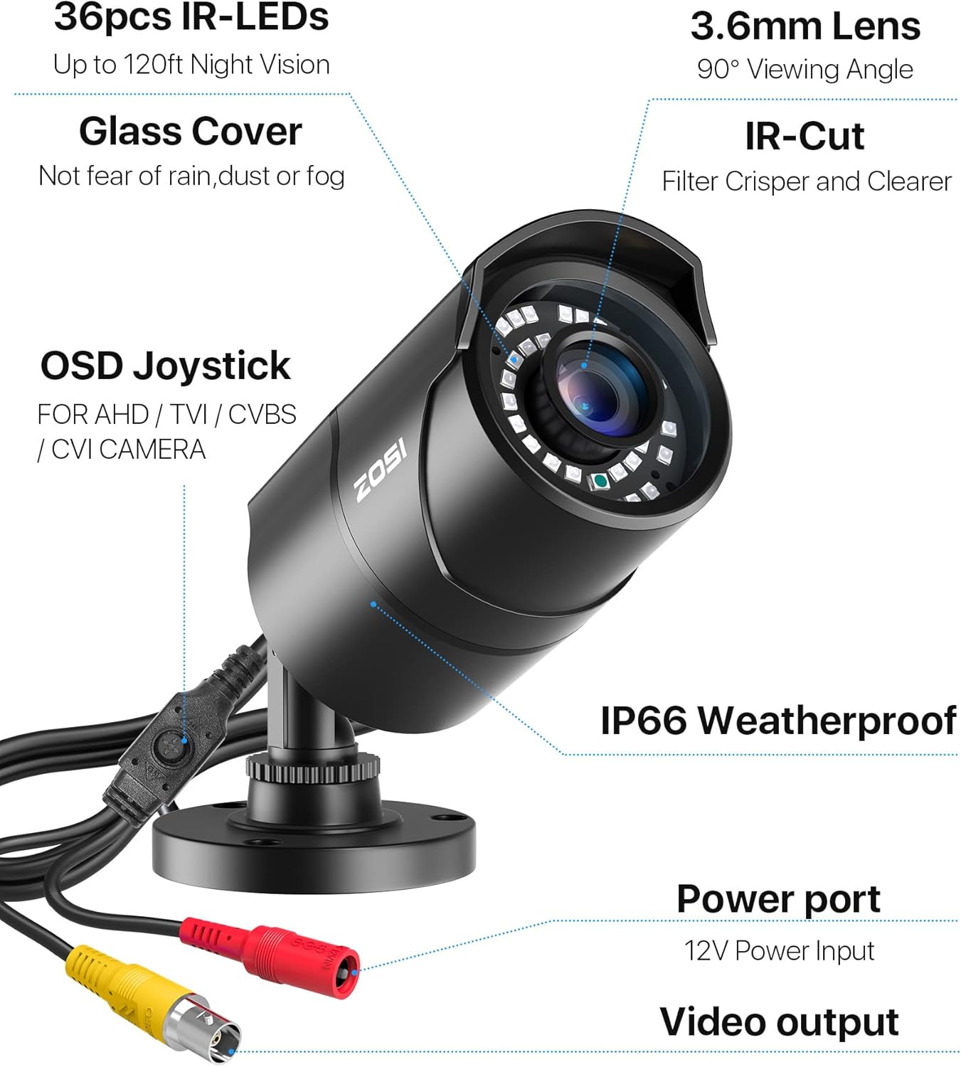 ZOSI 1080P HD 1920TVL Hybrid 4-in-1 TVI/CVI/AHD/960H CVBS CCTV Surveillance Weatherproof Bullet Security Camera Outdoor Indoor,120ft Night Vision,For HD-TVI,AHD,CVI and CVBS/960H analog DVR - Image 8