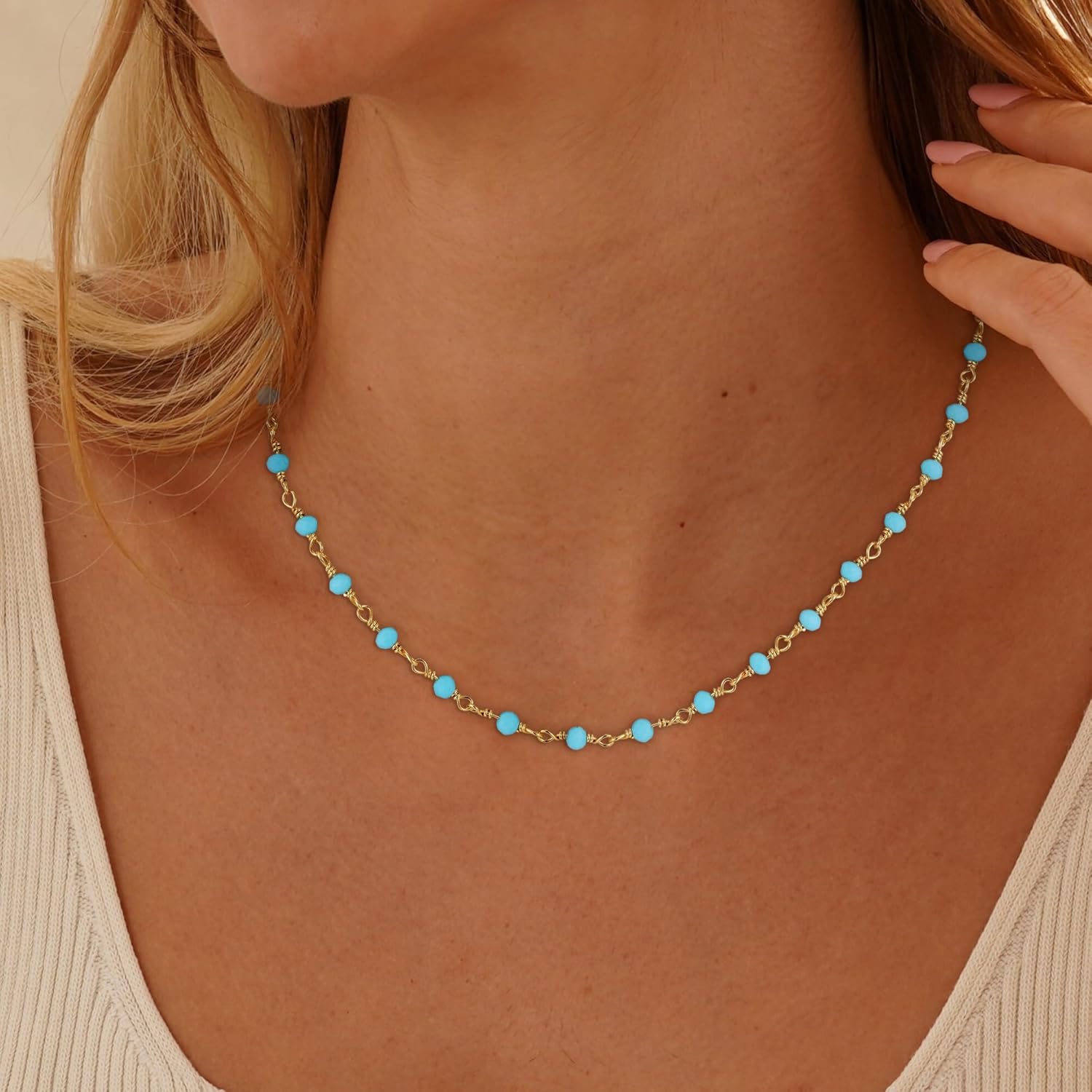 Boho Beaded Necklace for Women - Natural Turquoise Beaded Necklaces Choker Summer Beach Necklace Natural Cloroful Bead Necklaces for Teen Girls Handmade Boho Jewelry Birthday Gift - Image 3