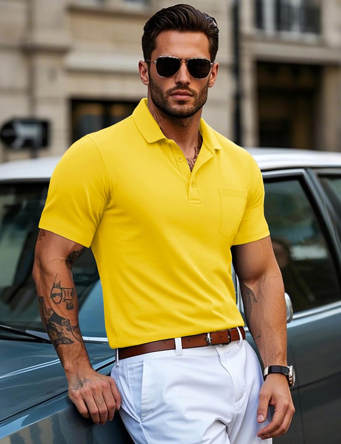 MAGCOMSEN Mens Polo Shirts Short Sleeve Cotton Pique Golf Shirts with Pocket Casual Performance Moisture Wicking Polos Yellow XL - Image 3