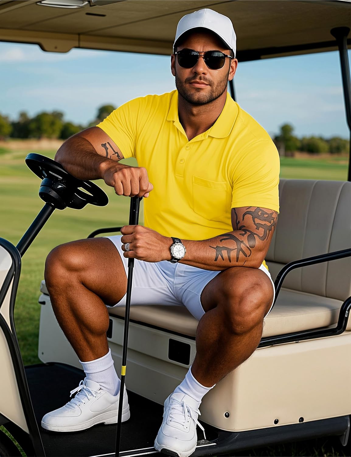 MAGCOMSEN Mens Polo Shirts Short Sleeve Cotton Pique Golf Shirts with Pocket Casual Performance Moisture Wicking Polos Yellow XL - Image 4