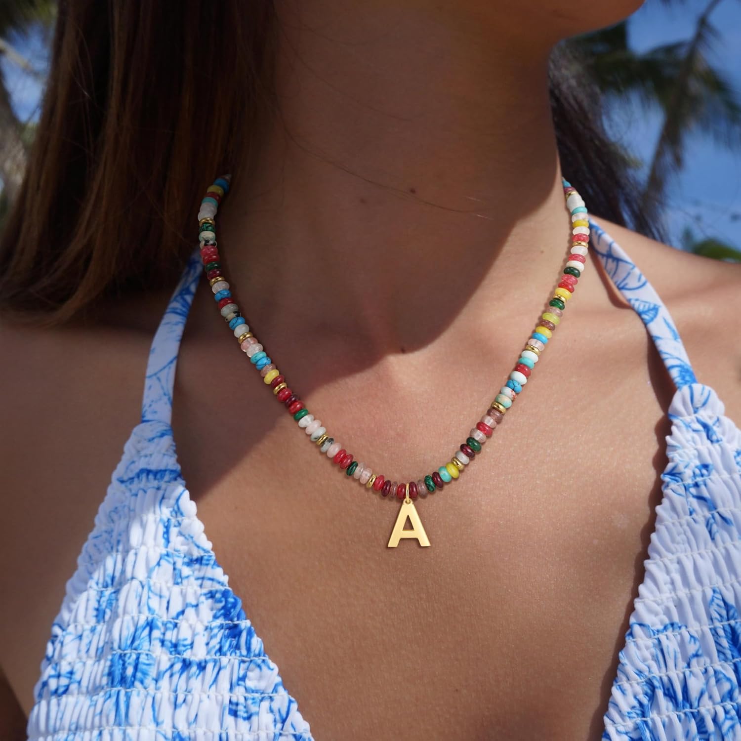 Beaded Initial Necklace for Women, 14K Gold Plated Initial Letter Pendant Rainbow Gemstone Choker Colorful Summer Beach Jewelry for Women - Image 3