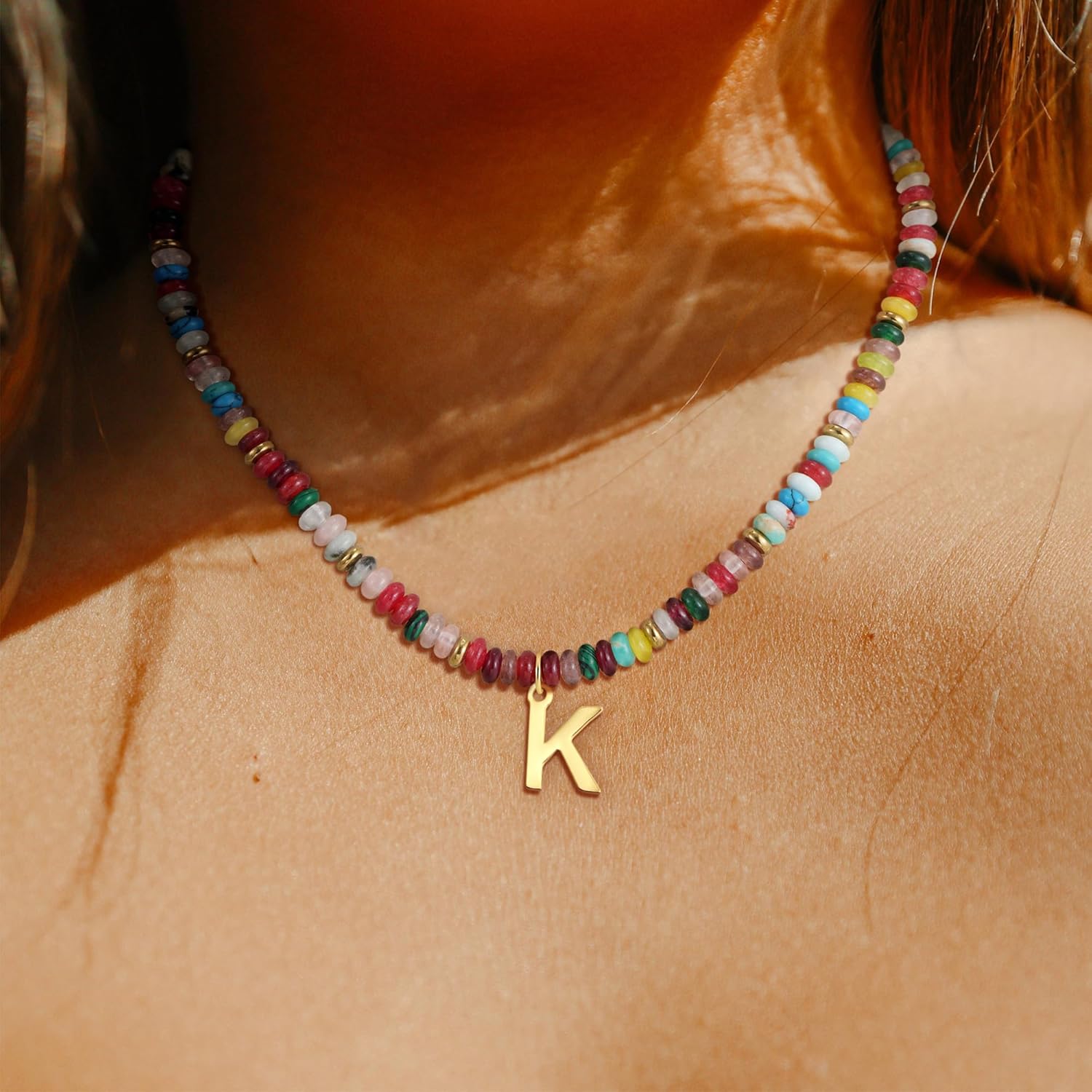 Beaded Initial Necklace for Women, 14K Gold Plated Initial Letter Pendant Rainbow Gemstone Choker Colorful Summer Beach Jewelry for Women - Image 4
