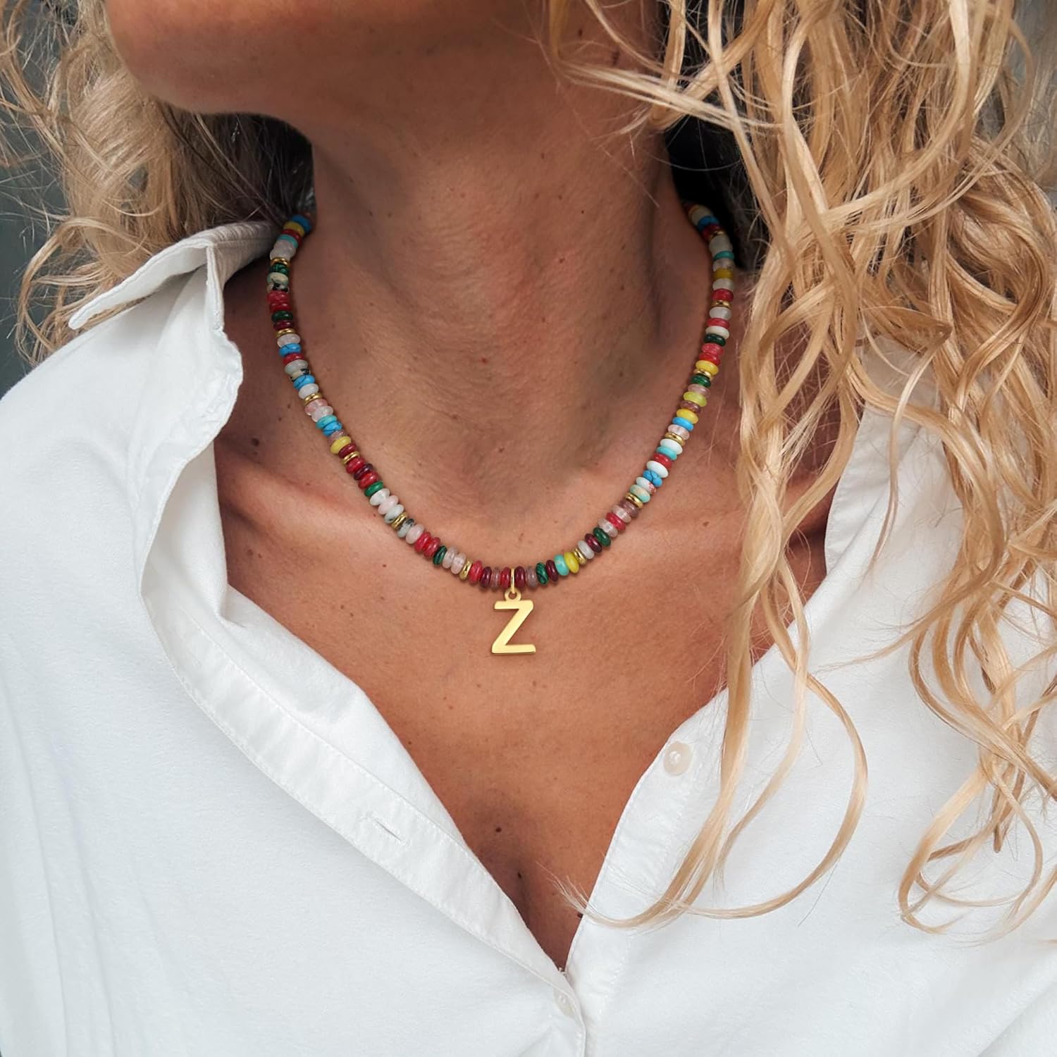 Beaded Initial Necklace for Women, 14K Gold Plated Initial Letter Pendant Rainbow Gemstone Choker Colorful Summer Beach Jewelry for Women - Image 5