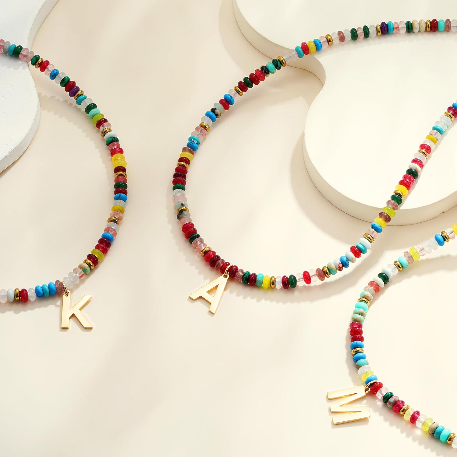 Beaded Initial Necklace for Women, 14K Gold Plated Initial Letter Pendant Rainbow Gemstone Choker Colorful Summer Beach Jewelry for Women - Image 6