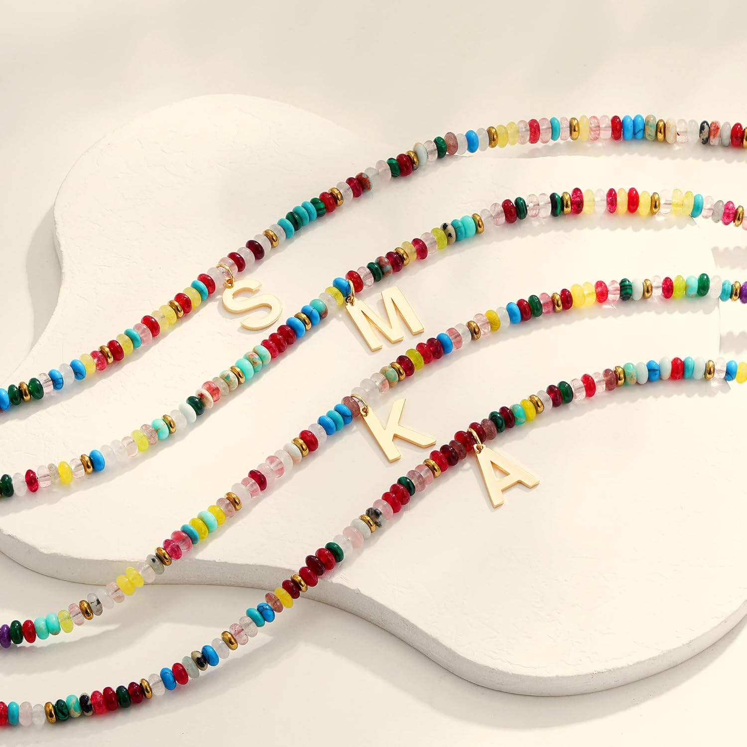 Beaded Initial Necklace for Women, 14K Gold Plated Initial Letter Pendant Rainbow Gemstone Choker Colorful Summer Beach Jewelry for Women - Image 7