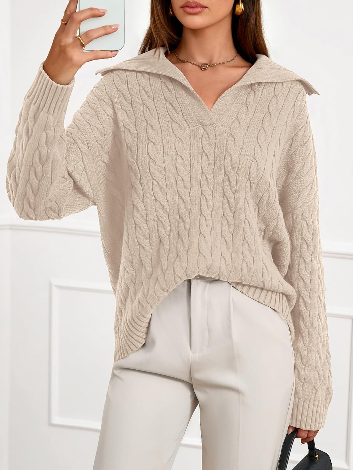 PRETTYGARDEN Fall Cable Knit Sweaters for Women 2025 Long Sleeve Loose Chunky Polo V Neck Sweater Casual Pullover Jumper Tops - Image 4