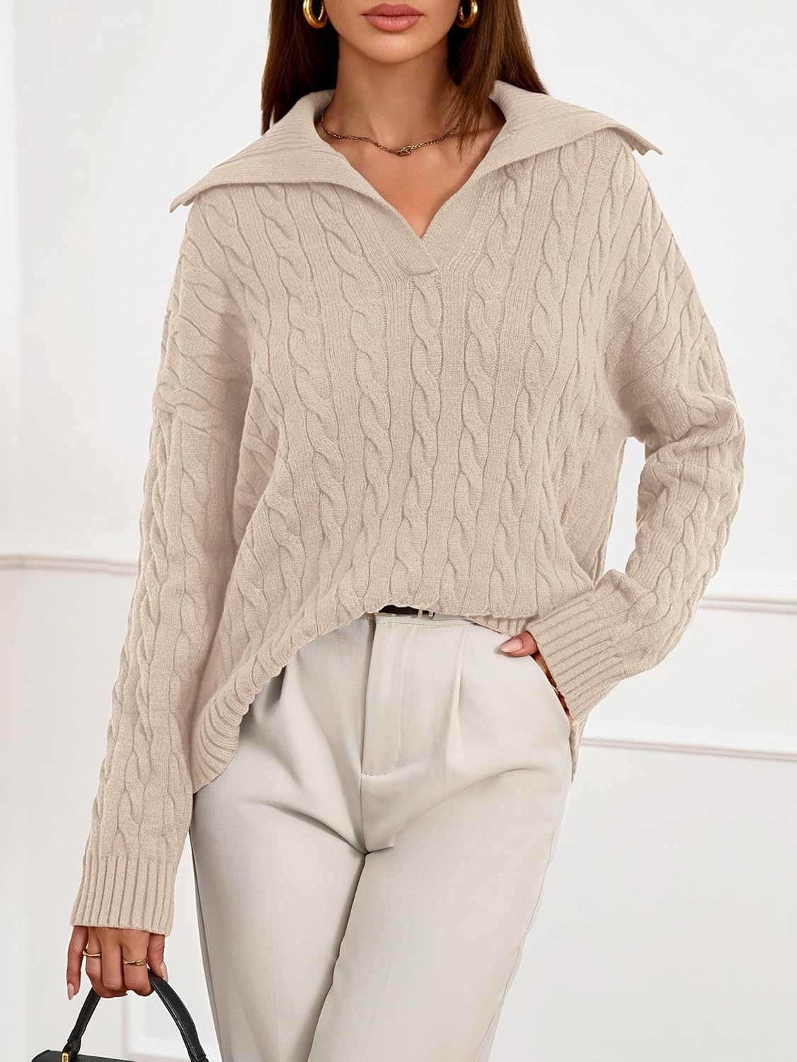 PRETTYGARDEN Fall Cable Knit Sweaters for Women 2025 Long Sleeve Loose Chunky Polo V Neck Sweater Casual Pullover Jumper Tops - Image 5