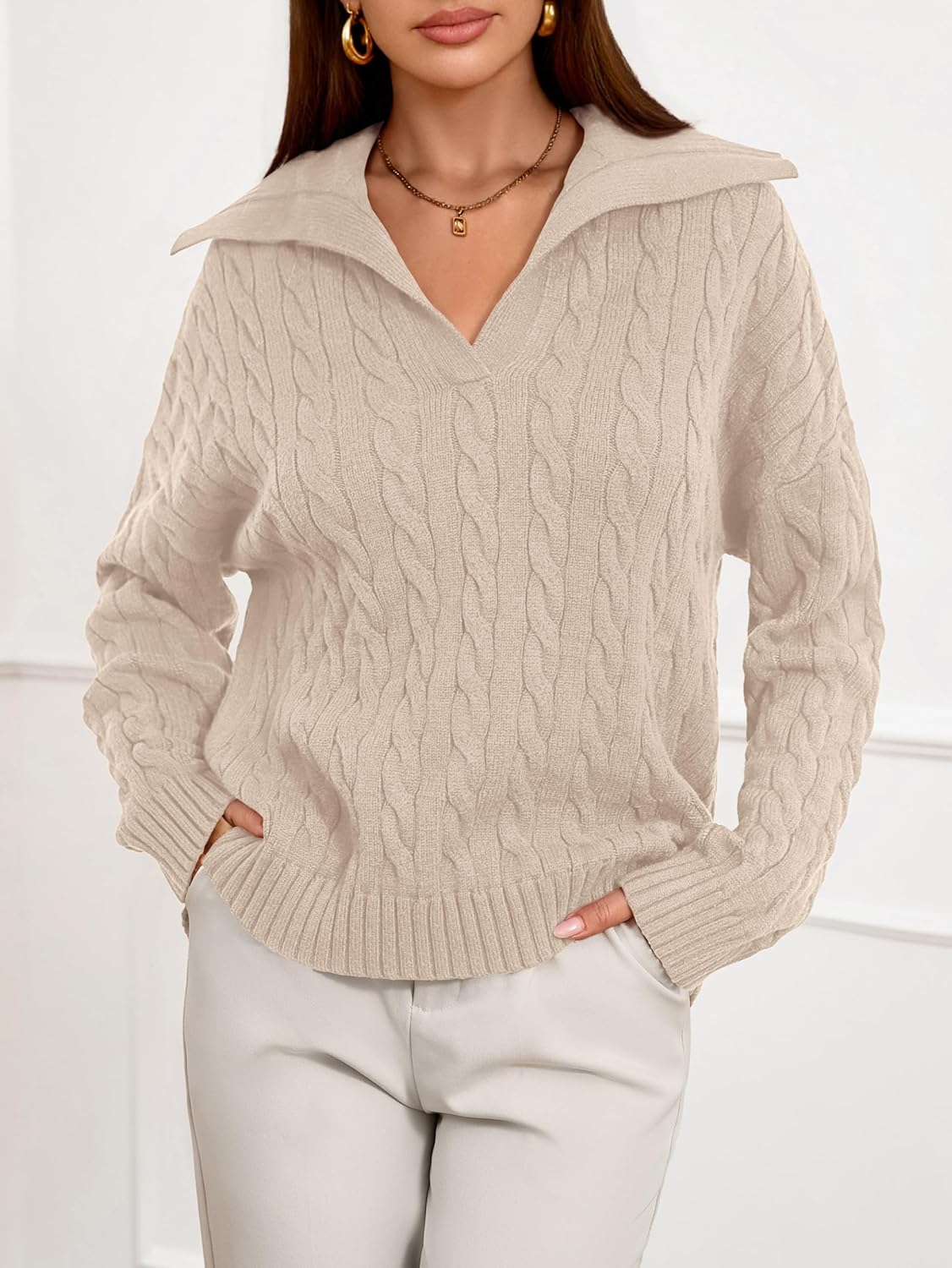 PRETTYGARDEN Fall Cable Knit Sweaters for Women 2025 Long Sleeve Loose Chunky Polo V Neck Sweater Casual Pullover Jumper Tops - Image 7