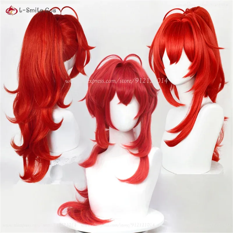 3 Styles Diluc Ragnvindr Cosplay Wig Red Anime Cosplay Wig With Ponytail Heat Resistant Synthetic Hair Halloween + Wig Cap