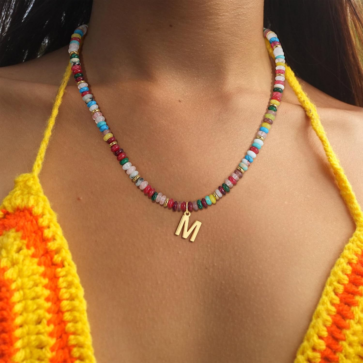 Beaded Initial Necklace for Women, 14K Gold Plated Initial Letter Pendant Rainbow Gemstone Choker Colorful Summer Beach Jewelry for Women - Image 2