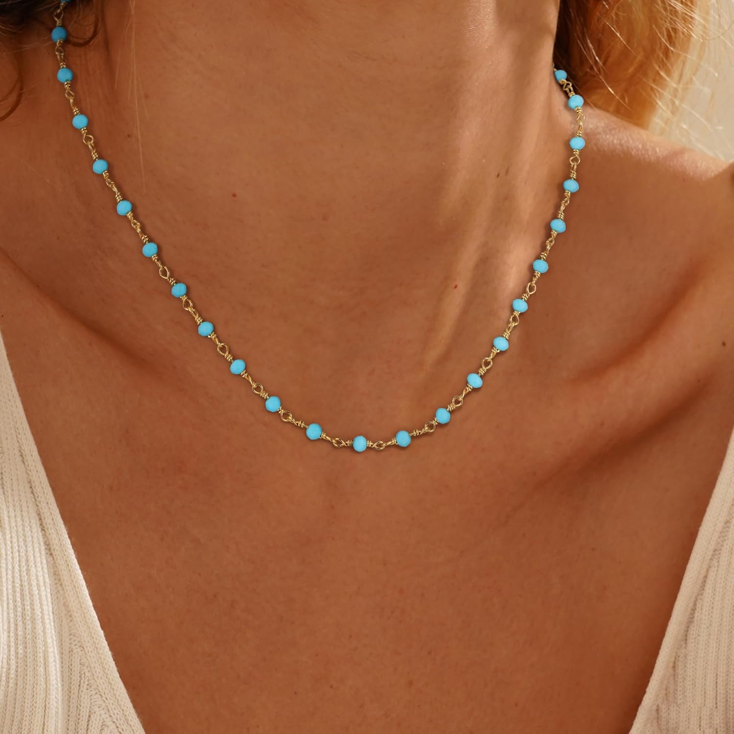 Boho Beaded Necklace for Women - Natural Turquoise Beaded Necklaces Choker Summer Beach Necklace Natural Cloroful Bead Necklaces for Teen Girls Handmade Boho Jewelry Birthday Gift - Image 2