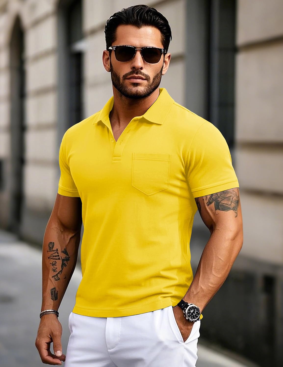 MAGCOMSEN Mens Polo Shirts Short Sleeve Cotton Pique Golf Shirts with Pocket Casual Performance Moisture Wicking Polos Yellow XL - Image 2