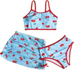 MakeMeChic Girl's 3 Piece Bikini Set Bow Swimsuit Spaghetti Strap Cute Bathing Suit with Ruched Cover Up Skirt