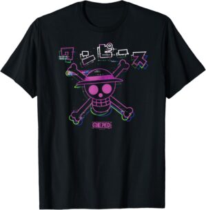 One Piece Anime Colorful Straw Hat Glitch with Kanji T-Shirt