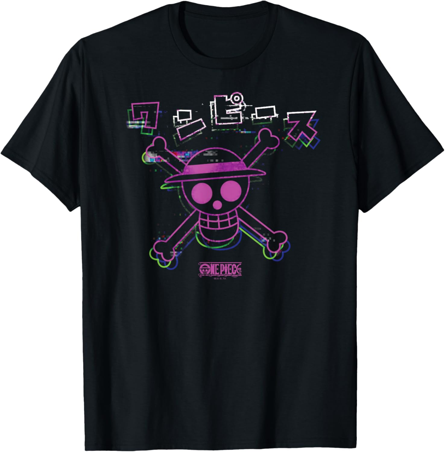 One Piece Anime Colorful Straw Hat Glitch with Kanji T-Shirt