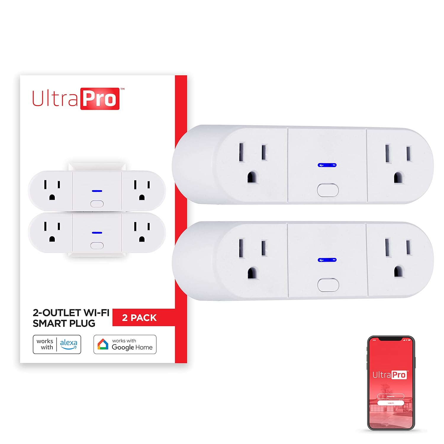 UltraPro Smart Plug WiFi Outlet, Smart Home, Smart Switch, Dual Smart Outlet, Works with Alexa, Echo & Google Home, No Hub Required, App Controlled, ETL Certified, Alexa Plug, 2 Pack, 51403
