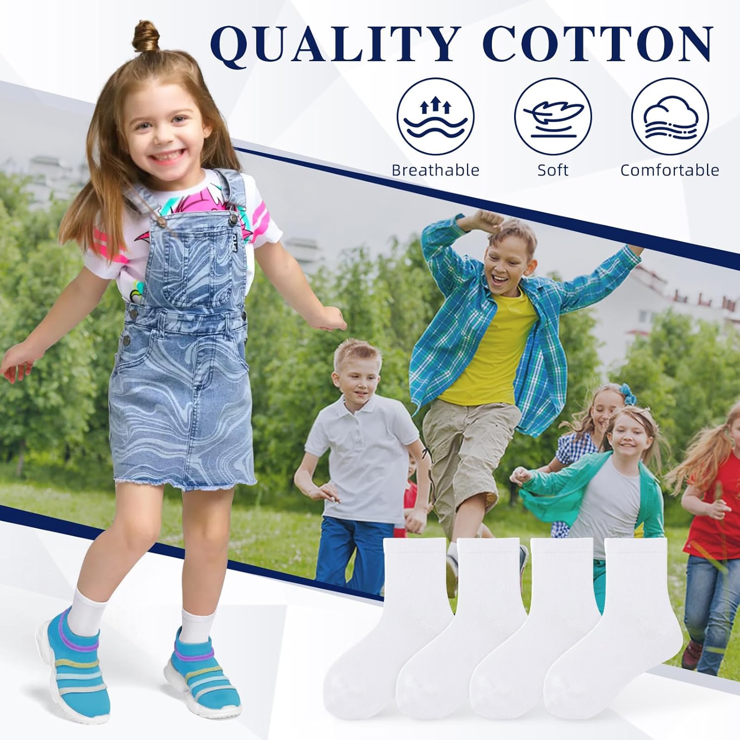VEKDA 6 Pairs Kids Socks Boys Girls Crew Socks for School Uniform Cotton Seamless Toe Sock - Image 2