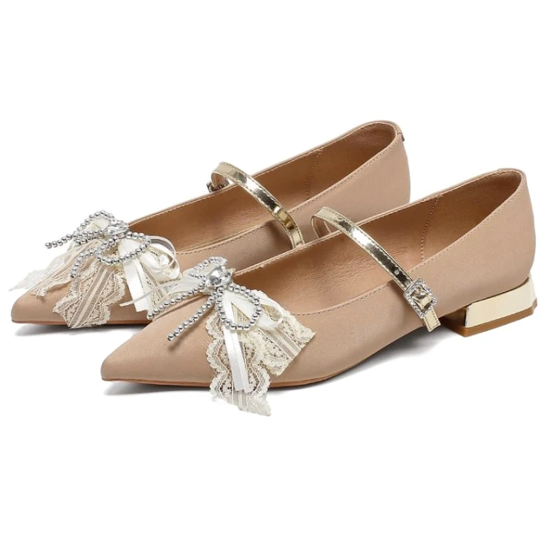 Bowknot String Beads Rhinestone Mary Jane Shoes Women Shallow Buckle Elegant Footwear Fashion Brand Low Heel Dress Shoes Female