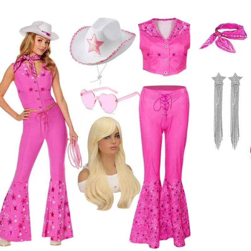 Coser72 Lovely Cowgirl Suit Pink Vest Top and Flared Pants Adult and Kids Margot Robbie Cowboy's Look Girls Clothing Set Coser72