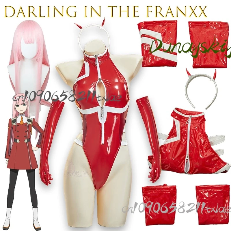 Darling In The Franxx Zero Two Red Leather Bodysuit Cosplay Costume Full Set Backless Teddies Baby Dress Porn Underwear Sexy﻿