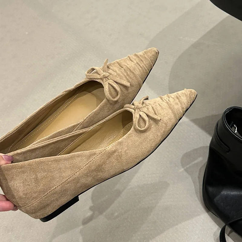 Fashion Flock Ladies Pumps Slides Shoes Pointed Toe Female Butterfly-Knot Footwear Shallow Elegant Women Heeled Shoes lady