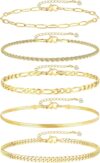 iF YOU Gold Ankle Bracelets for Women, 14k Gold Plated Waterproof Cuban Link Chain Anklets Set, Layered Anklet Bracelets for Women Beach Gift Adjustable Size 5pc