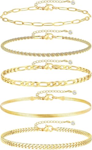 iF YOU Gold Ankle Bracelets for Women, 14k Gold Plated Waterproof Cuban Link Chain Anklets Set, Layered Anklet Bracelets for Women Beach Gift Adjustable Size 5pc