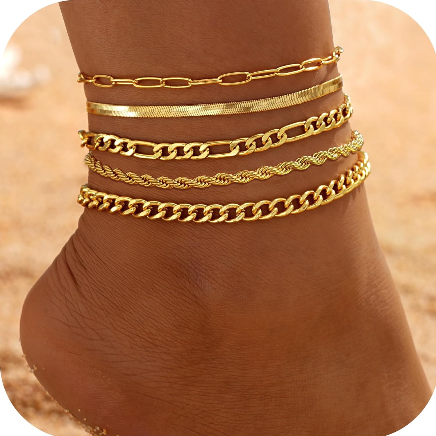 iF YOU Gold Ankle Bracelets for Women, 14k Gold Plated Waterproof Cuban Link Chain Anklets Set, Layered Anklet Bracelets for Women Beach Gift Adjustable Size 5pc - Image 2