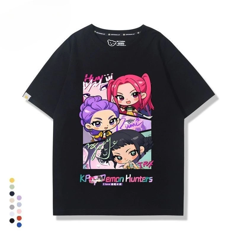 KPop Demon Hunters Top Rumi Zoey Mira Cosplay Child Women Men Summer Cotton T-shirt Cartoon Figure Clothing Black White Tees
