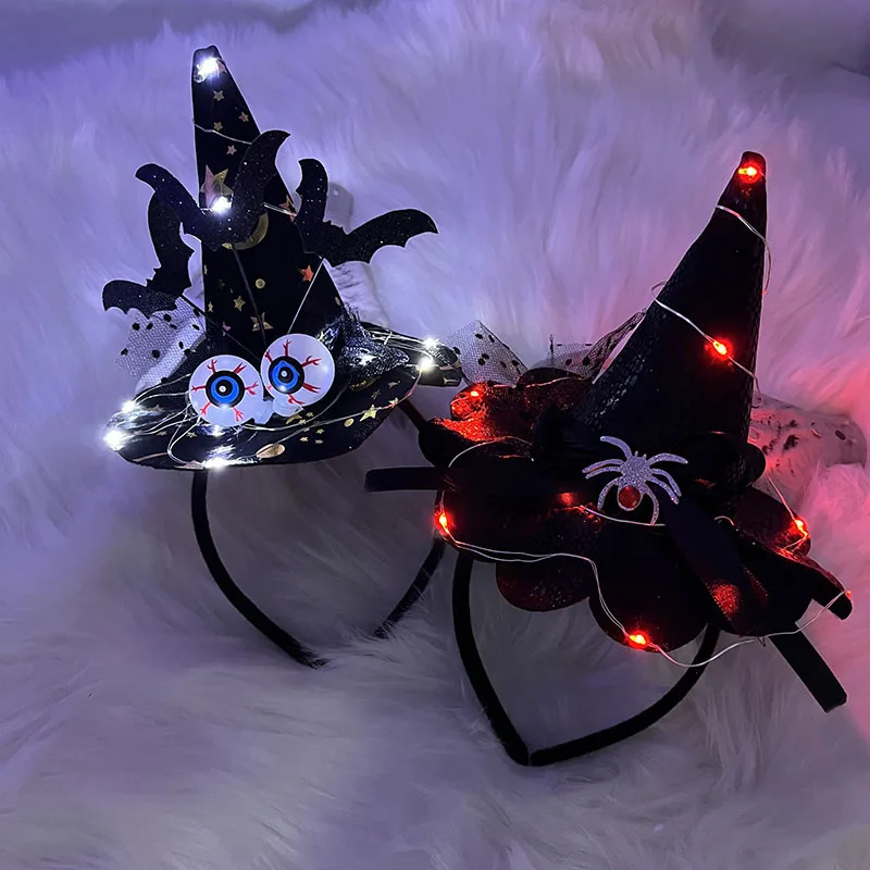 LED Witch Hat Headband Bat Eyeball Style hair Accessories For Women Fashion Led Hair Band Novelty Glowing Spider Headband Hair