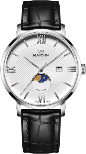 marvin Luxury Watches for Men Swiss Mens Watch Casual Men's Wrist Watches with Silicone and Leather Strap,Stainless Steel Case,Quartz Movement,50M Waterproof