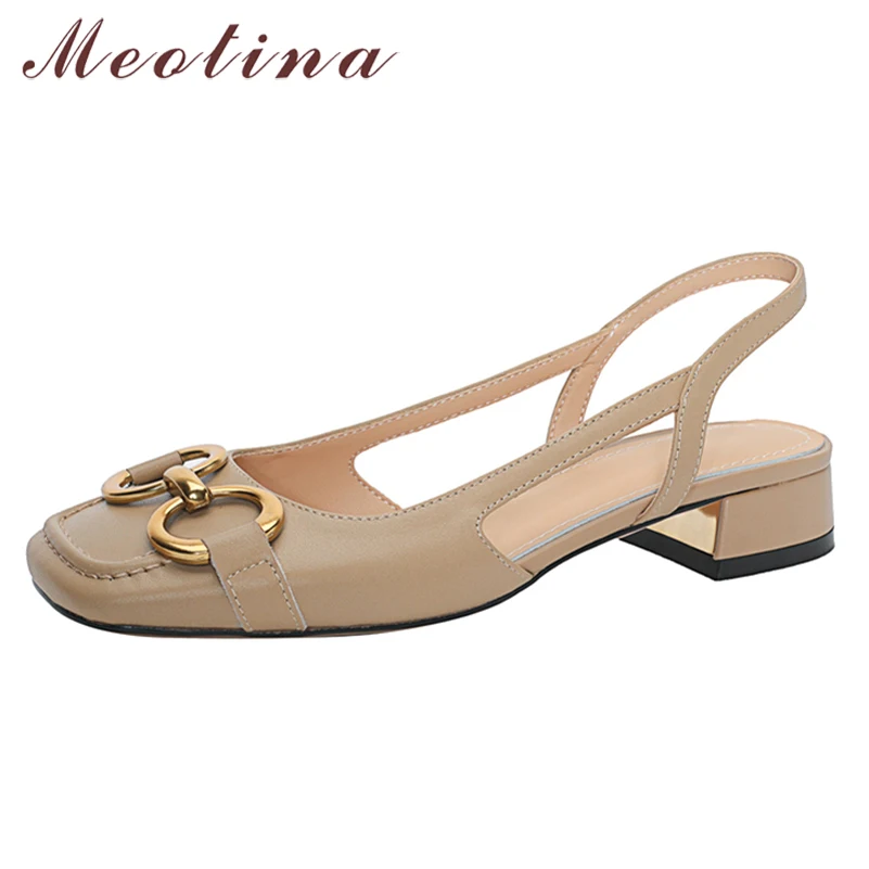 Meotina Genuine Leather Slingback Shoes Thick Low Heel Square Toe Pumps Elastic Band Metal Decoration Ladies Footwear Apricot 43