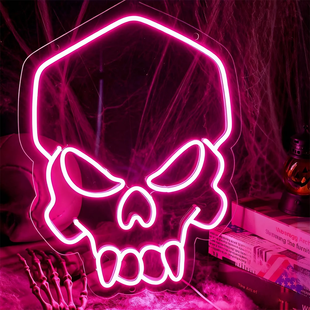 Pink Girly Skull Neon Light - Dimmable USB LED | Cute Scary Halloween Decor for Girls' Bedroom | Modern Skull Wall Night Lights
