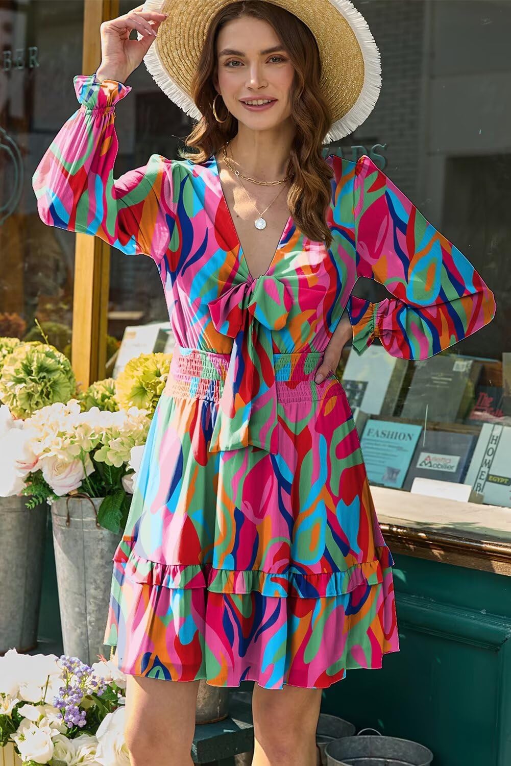 Dokotoo Womens Casual Spring Fall 2025 Deep V Neck Knotted Tiered Chiffon Elegant Mini Short Swing Skater Dresses - Image 4