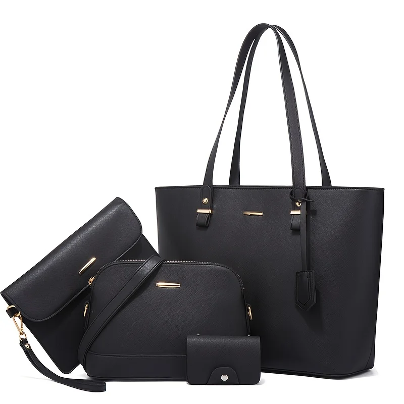 4pcs Fashion Women's Bag Sets Solid Color Tote Handbag Retro Female Crossbody Shoulder Bag Commuting