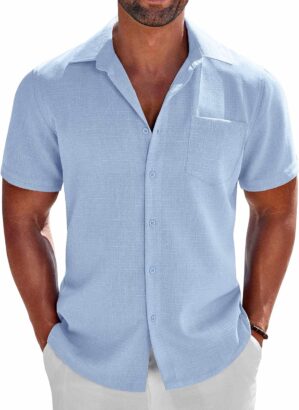COOFANDY Men's Button Down Shirts Short Sleeve Casual Shirts Summer Beach Linen Shirts with Pocket