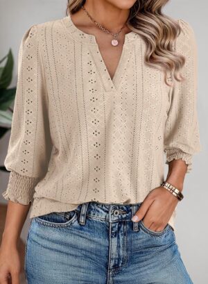 Dokotoo 3/4 Length Sleeve Womens Tops Dressy Casual V Neck Cute T-Shirts Hollow Out Blouses