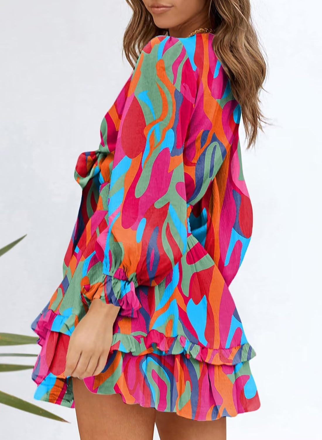 Dokotoo Womens Casual Spring Fall 2025 Deep V Neck Knotted Tiered Chiffon Elegant Mini Short Swing Skater Dresses - Image 2