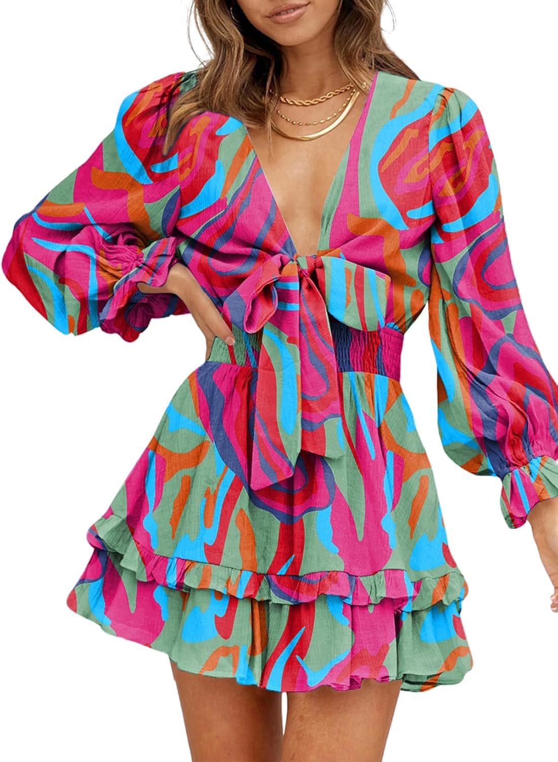 Dokotoo Womens Casual Spring Fall 2025 Deep V Neck Knotted Tiered Chiffon Elegant Mini Short Swing Skater Dresses