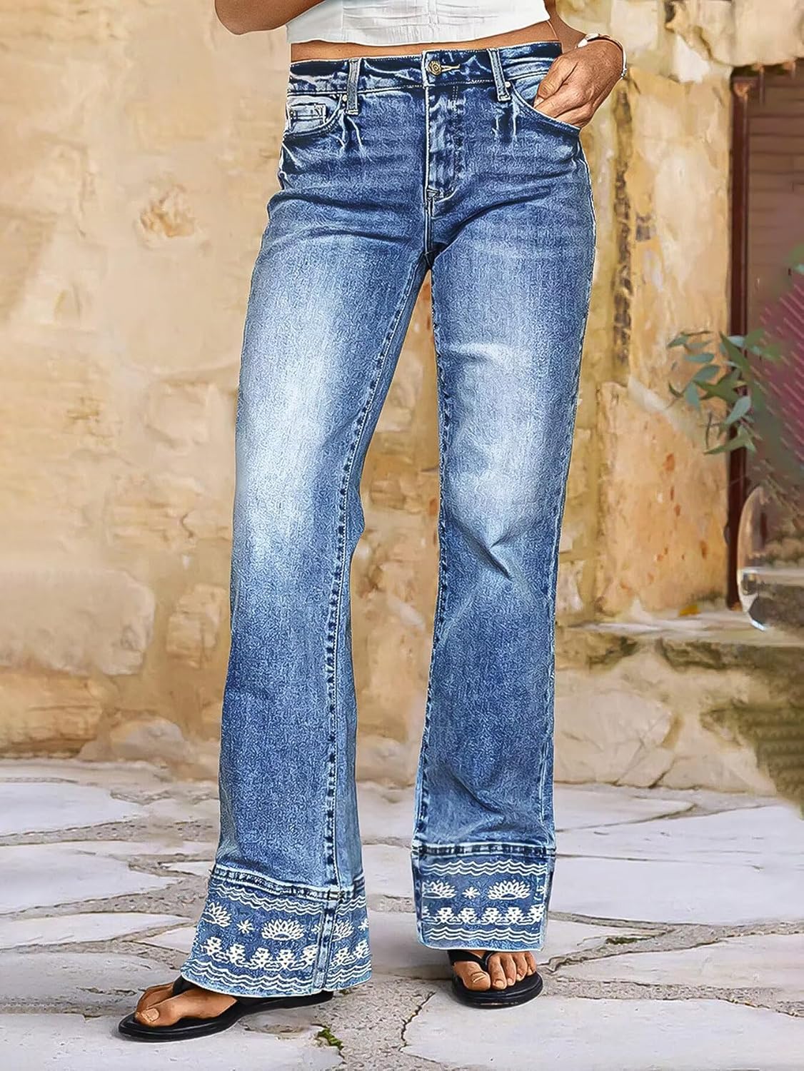 Flamingals Mid Rise Bootcut Jeans for Women with Embroidery Hem Stretchy Wash Straight Leg Jeans Causal Trendy - Image 2