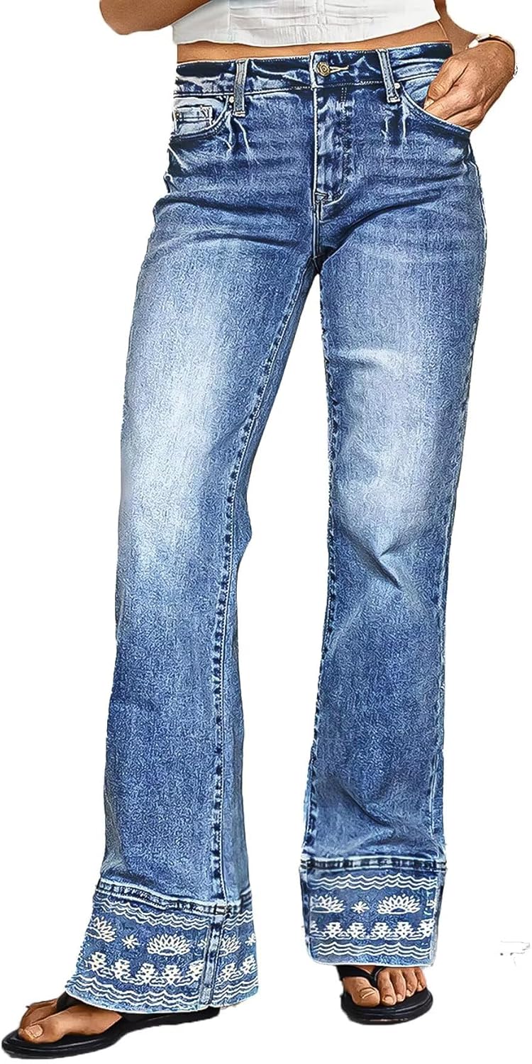 Flamingals Mid Rise Bootcut Jeans for Women with Embroidery Hem Stretchy Wash Straight Leg Jeans Causal Trendy
