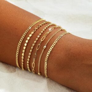 Gold Bracelets for Women Trendy, 14k Real Gold Plated Paperclip Bead Chain Bracelet Set Stackable Dainty Layerd Minimalist Bracelet Stack, Waterproof Non Tarnish Gold Jewelry Gift for Her Everyday Wear