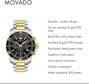 Movado Series 800 Men’s Watch – Swiss Quartz Chronograph Movement, Stainless Steel Link Bracelet – 20 ATM Water Resistance – Luxury Fashion Timepiece for Him – 42mm